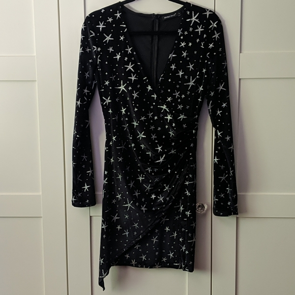 NWT Black Faux Velvet Dress with Silver Stars